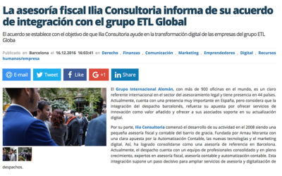 La asesoría fiscal Ilia Consultoría informa de su acuerdo de integración con el grupo ETL Global. – Diciembre 2016