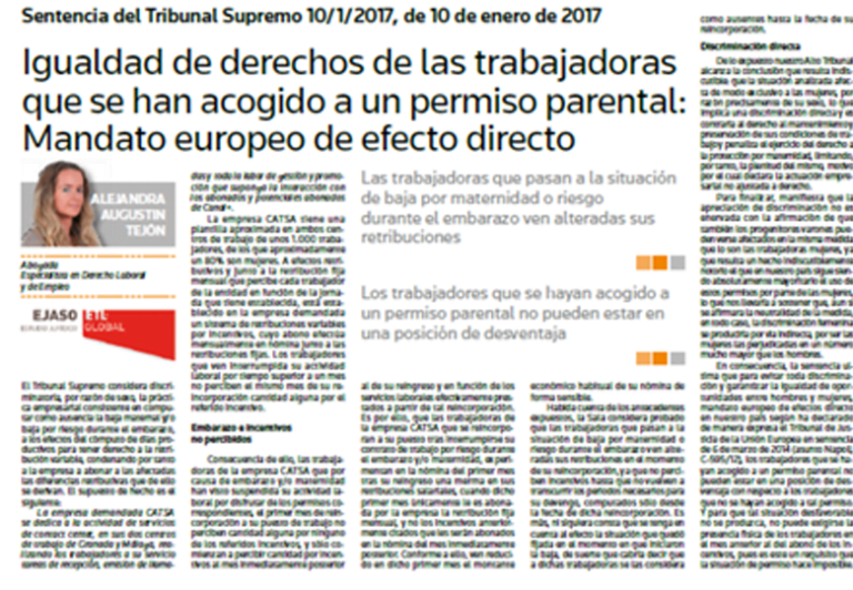 Igualdad de derechos de las trabajadoras que se han acogido a un permiso parental: Mandato europeo de efecto directo. – Enero 2017