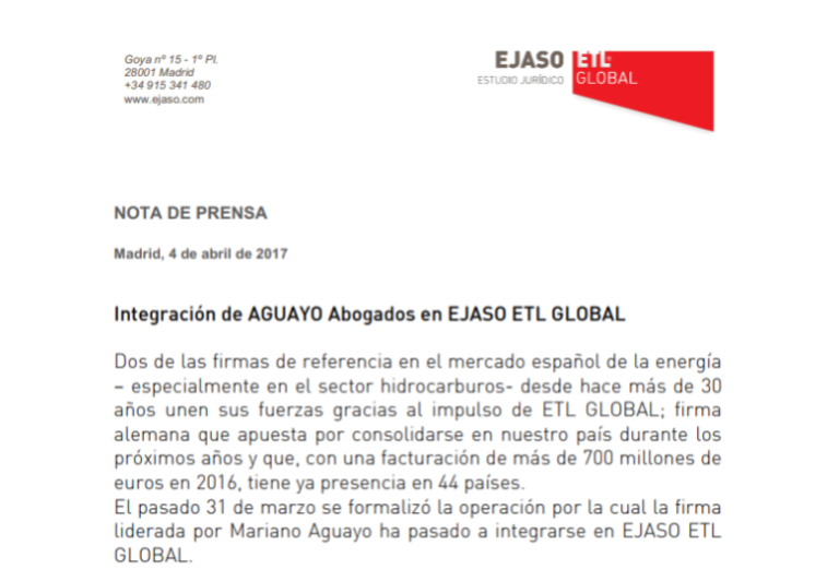 Integración de AGUAYO Abogados en EJASO ETL GLOBAL – Febrero 2018