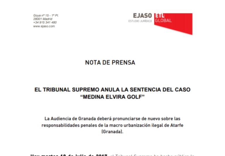 El tribunal supremo anula la sentencia del caso «Medina Elvira Golf» – Febrero 2018