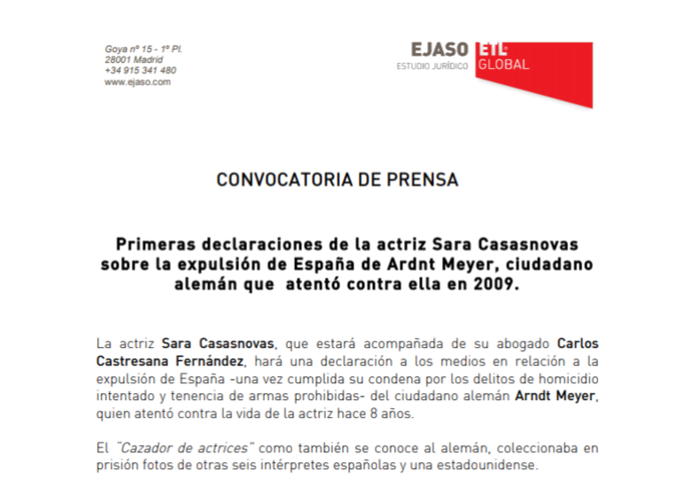 Primeras declaraciones de la actriz Sara Casasnovas sobre la expulsión de España de Ardnt Meyer – Febrero 2018