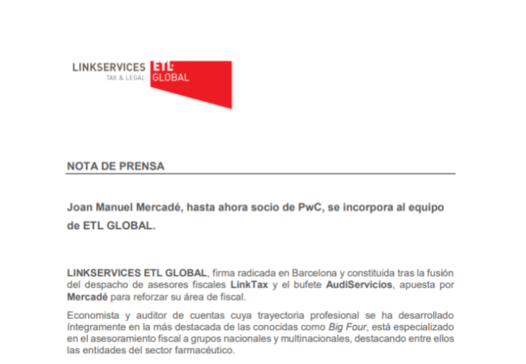 Joan Manuel Mercadé, hasta ahora socio de PwC, se incorpora al equipo de ETL GLOBAL – Febrero 2018