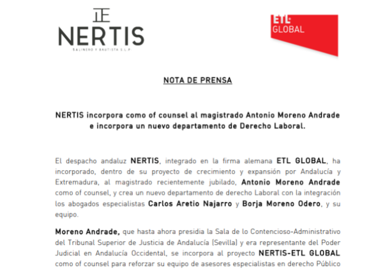 NERTIS incorpora como of counsel al magistrado Antonio Moreno Andrade e incorpora un nuevo departamento de Derecho Laboral. – Febrero 2018