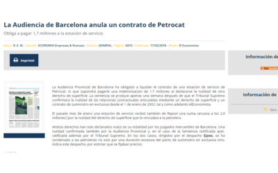 La Audiencia de Barcelona anula un contrato de Petrocat – Febrero 2018
