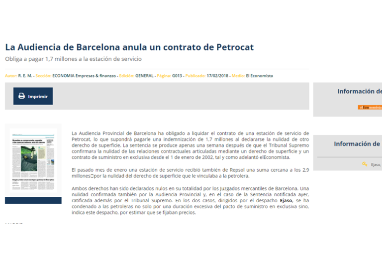 La Audiencia de Barcelona anula un contrato de Petrocat – Febrero 2018