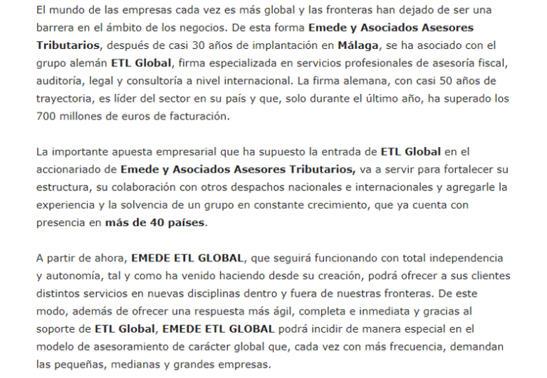 Emede y Asociados se integra en la firma alemana ETL GLOBAL – Enero 2018