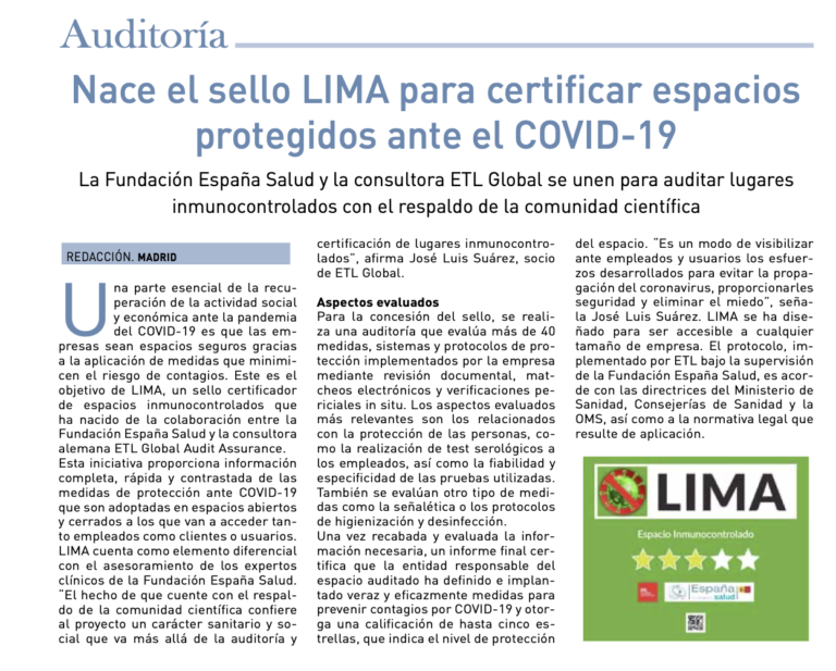 La Fundación España Salud y ETL Global crean el sello LIMA para certificar espacios protegidos ante el COVID-19